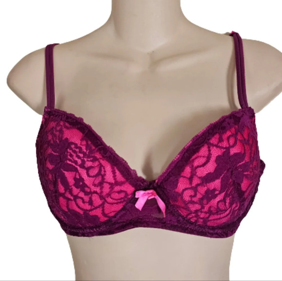 Hers by Herman Lingerie Demi Fuchsia Purple Lace Plunge Bra Size 36B - Picture 1 of 10